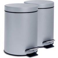 Harbour Housewares 2x Round Bathroom Pedal Bins - 3L Stainless Steel Slim Rubbish Dustbin in Grey
