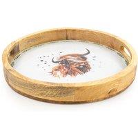 Madison & Mayfair Round Mango Wood Tray with Luxe Highland Cow Enamel Design in White