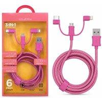 BluCore 3-in-1 6ft Braided Charging Cable with USB-A Connector in Pink