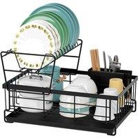 NESTLUNE Black Large Dish Drainer Rack With Drip Tray & Cutlery Holder | Size: 100 cm x 100 cm