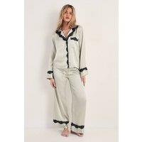 NastyGal Women's Satin Lace Detail Shirt & Trouser Pajama Set in Sage | Size: Large