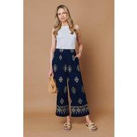 Izabel London Women's Border Printed High Waist Wide Trousers in Navy | Size: 12