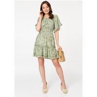 Izabel London Women's Printed 1/2 Sleeve Short Smock Dress in Green | Size: 14