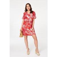 Izabel London Women's Tropical Print Short Sleeve Shift Dress in Red | Size: 14
