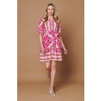 Izabel London Women's Printed Tie Waist 3/4 Sleeve Short Dress in Pink | Size: 14