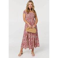 Izabel London Women's Printed Cap Sleeve Bardot Top Maxi Dress in Red | Size: 12