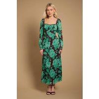 Oasis Women's Printed Chiffon Shoulder Detail Shirred Back Midi Dress in Green | Size: 8