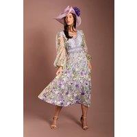 Coast Women's Lisa Tan Long Sleeve Embroidered Mesh Midi Dress in Purple | Size: 8