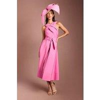 Coast Women's Lisa Tan Cross Neck Belted Crepe Midi Dress in Dark Pink | Size: 18
