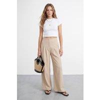 Warehouse Women's Extreme High Waisted Wide Leg Pleated Tailored Trousers in Stone | Size: 12