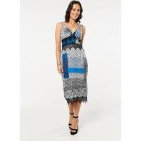 Liquorish Women's Blue Animal Print Lace Detail Midi Dress | Size: 10