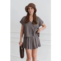 WOVCOR Women's 2-Piece Linen Blend Pleated Mini Skirt & Relaxed V Neck Blouse Set in Taupe | Size: 6