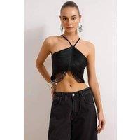 WOVCOR Women's Halterneck Fringe Detail Crop Top with Draped Design in Black | Size: 6