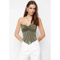 WOVCOR Women's Ruched Bandeau Crop Top with Twist Front Detail in Khaki | Size: XL