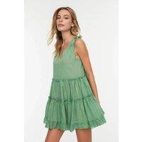 WOVCOR Women's Cotton Tiered Mini Dress with Tie Shoulder Detail in Green | Size: 6