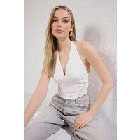 WOVCOR Women's Halter Neck Ruched Side Crop Top in Ecru | Size: Medium