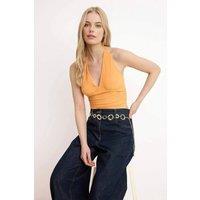 WOVCOR Women's Halter Neck Ruched Side Crop Top in Orange | Size: Large