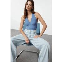 WOVCOR Women's Halter Neck Ruched Crop Top with Deep V Neck in Blue | Size: Small