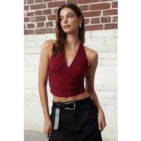 WOVCOR Women's Halter Neck Ruched Crop Top with Deep V Neck in Burgundy | Size: Small