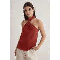 WOVCOR Women's Halter Neck Twist Detail Woven Top in Terracotta | Size: 6