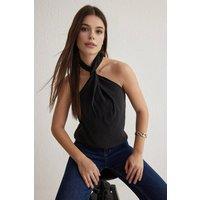 WOVCOR Women's Halter Neck Twist Detail Woven Top in Black | Size: 14