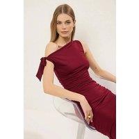 WOVCOR Women's Bardot Ruched Fitted Midi Knit Dress in Burgundy | Size: Large