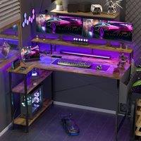 BEXEVUE Brown 120*70cm L-Shaped Gaming Desk Power Outlets & LED Lights Shelves | Size: 120 cm x 70 cm