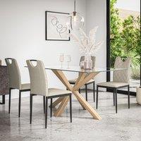More4Homes Etta Glass Dining Table & Chairs - Glass Top w Solid Oak Legs + Monza Fabric Dining Chair Set Of 4 in Beige