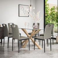 More4Homes Etta Glass Dining Table & Chairs - Glass Top w Solid Oak Legs + Monza Fabric Dining Chair Set Of 6 in Grey