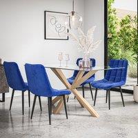 More4Homes Etta Glass Dining Table & Chairs - Glass Top w Solid Oak Legs + Nova Velvet Dining Chair Set Of 6 in Blue