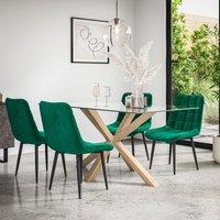 More4Homes Etta Glass Dining Table & Chairs - Glass Top w Solid Oak Legs + Nova Velvet Dining Chair Set Of 6 in Green