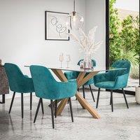 More4Homes Etta Glass Dining Table & Chairs - Glass Top w Solid Oak Legs + Anika Velvet Dining Chair Set Of 6 in Blue