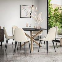 More4Homes Malvern Round Dining Table & Chairs - Black Table Top w Solid Oak Legs + Maya Boucle Dining Chair Set Of 6 in Ivory