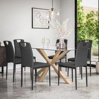 More4Homes Etta Glass Dining Table & Chairs - Glass Top w Solid Oak Legs + Monza Fabric Dining Chair Set Of 6 in Charcoal