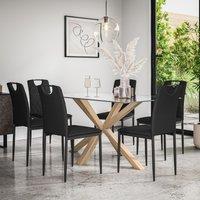 More4Homes Etta Glass Dining Table & Chairs - Glass Top w Solid Oak Legs + Monza Faux Leather Dining Chair Set Of 6 in Black