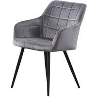 Life Interiors Single Camden Modern Velvet Dining Chair with Armrests, Quilted Design & Black Metal Legs in Dark Grey
