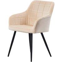 Life Interiors Single Camden Modern Velvet Dining Chair with Armrests, Quilted Design & Black Metal Legs in Cream