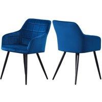 Life Interiors Set of 2 Camden Modern Velvet Dining Chairs with Armrests, Quilted Design & Black Metal Legs in Royal