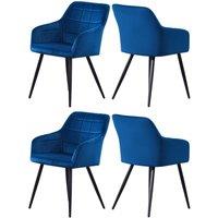 Life Interiors Set of 4 Camden Modern Velvet Dining Chairs with Armrests, Quilted Design & Black Metal Legs in Royal