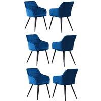 Life Interiors Set of 6 Camden Modern Velvet Dining Chairs with Armrests, Quilted Design & Black Metal Legs in Blue