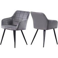 Life Interiors Set of 2 Camden Modern Velvet Dining Chairs with Armrests, Quilted Design & Black Metal Legs in Dark Grey
