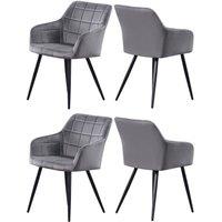 Life Interiors Set of 4 Camden Modern Velvet Dining Chairs with Armrests, Quilted Design & Black Metal Legs in Dark Grey