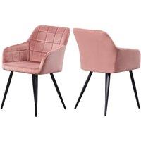 Life Interiors Set of 2 Camden Modern Velvet Dining Chairs with Armrests, Quilted Design & Black Metal Legs in Pink