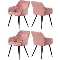 Life Interiors Set of 4 Camden Modern Velvet Dining Chairs with Armrests, Quilted Design & Black Metal Legs in Pink