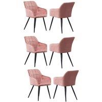 Life Interiors Set of 6 Camden Modern Velvet Dining Chairs with Armrests, Quilted Design & Black Metal Legs in Pink