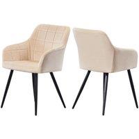 Life Interiors Set of 2 Camden Modern Velvet Dining Chairs with Armrests, Quilted Design & Black Metal Legs in Cream