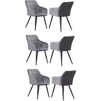 Life Interiors Set of 6 Camden Modern Velvet Dining Chairs with Armrests, Quilted Design & Black Metal Legs in Dark Grey