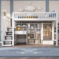 Merax 3FT Single High Sleeper Bed with Desk, Wardrobe & Storage Steps in White