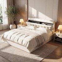 Merax 5ft King PU Upholstered Ottoman Storage Bed with Headboard Storage in White