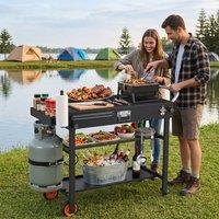 Costway Folding Grill Cart w/ Wheels 3-Tier Outdoor Cooking Table w/ Hooks in Black